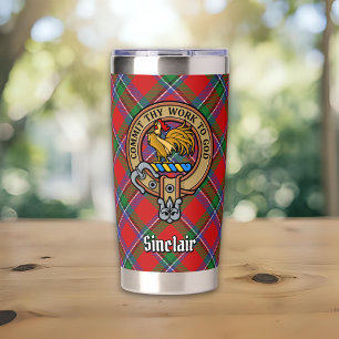 Clan Sinclair Crest over Red Tartan Insulated Tumbler