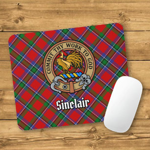 Clan Sinclair Crest over Red Tartan Mouse Pad