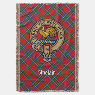Clan Sinclair Crest over Red Tartan Throw Blanket