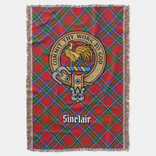 Clan Sinclair Crest over Red Tartan Throw Blanket (Front Vertical)
