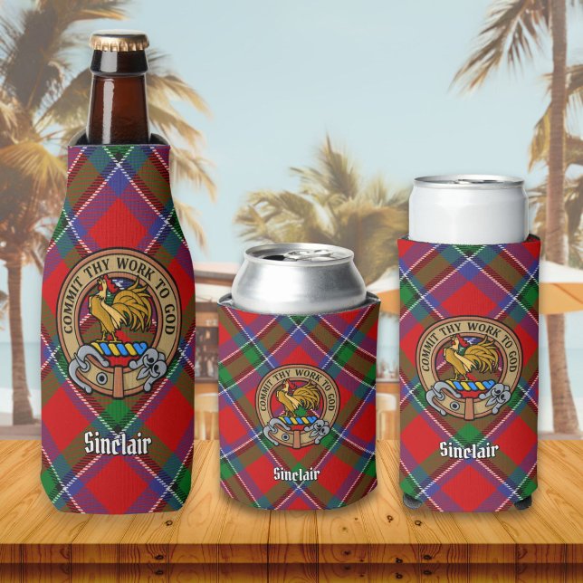 Clan Sinclair Crest over Tartan Bottle Cooler (Creator Uploaded)