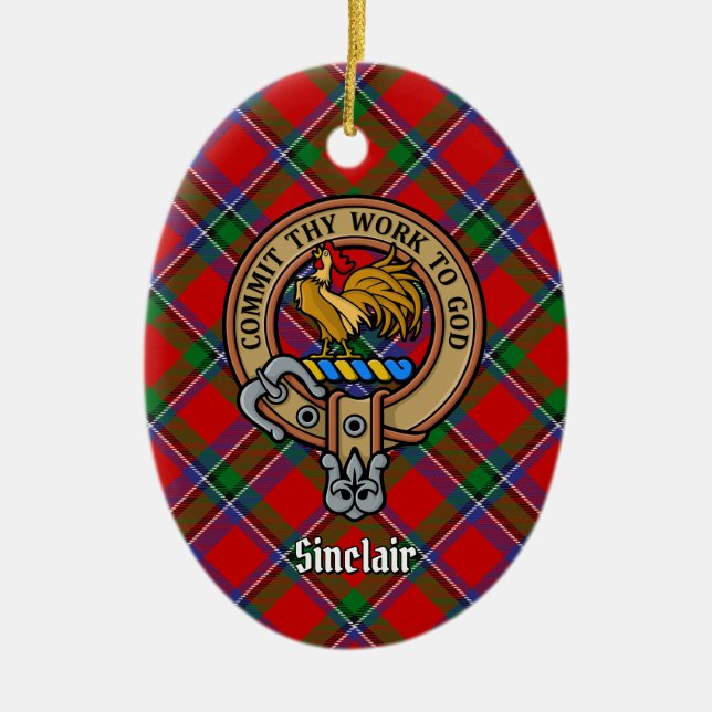 Clan Sinclair Crest over Tartan Ceramic Ornament (Front)