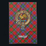 Clan Sinclair Crest over Tartan Tea Towel<br><div class="desc">Clan Sinclair crest badge surrounded by a strap and buckle over tartan background. Custom text.</div>