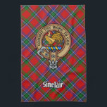Clan Sinclair Crest over Tartan Tea Towel<br><div class="desc">Clan Sinclair crest badge surrounded by a strap and buckle over tartan background. Custom text.</div>