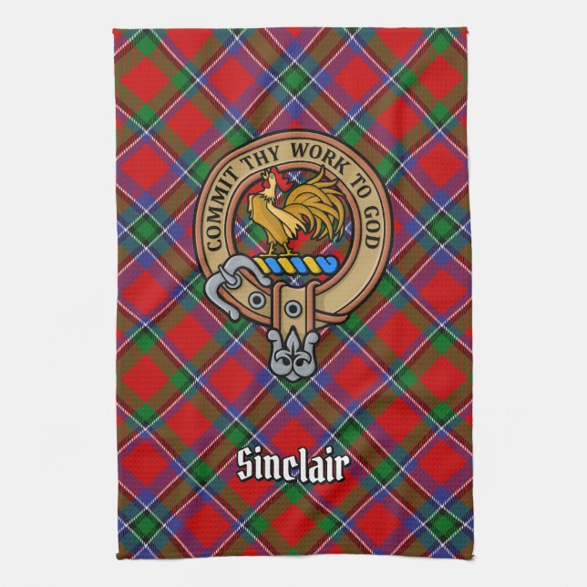 Clan Sinclair Crest over Tartan Tea Towel (Vertical)