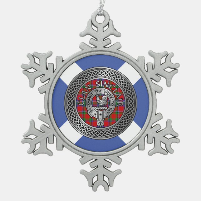 Clan Sinclair Crest & Tartan Knot Snowflake Pewter Christmas Ornament (Front)