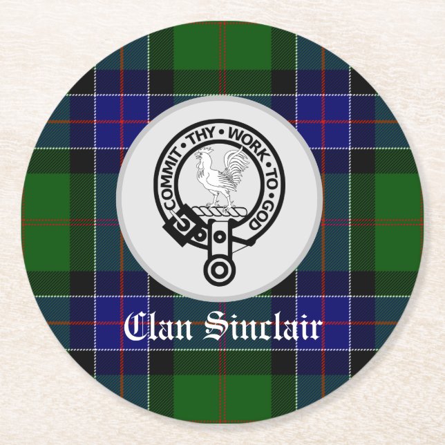 Clan Sinclair Tartan & Crest Badge Round Paper Coaster (Front)