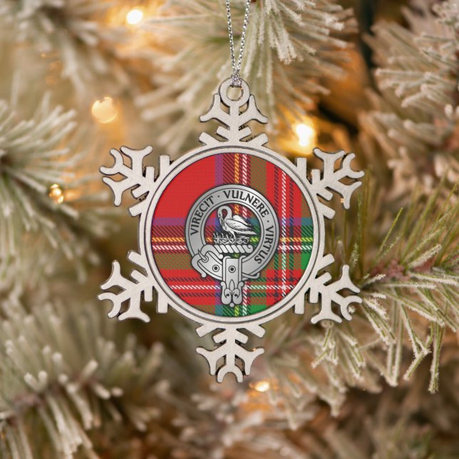 Clan Stewart | Stuart Crest & Tartan Snowflake Pewter Christmas Ornament (Tree)