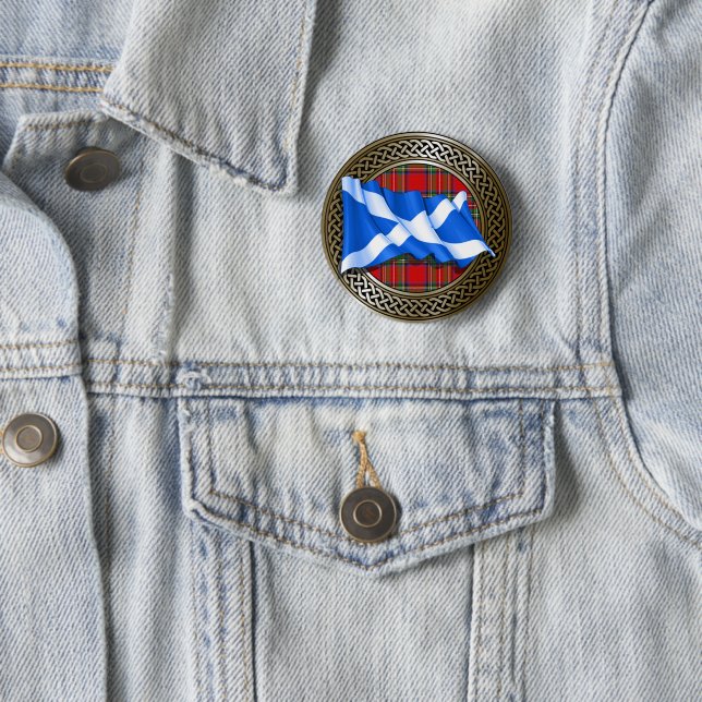 Clan Stewart Tartan Knot & Flag 6 Cm Round Badge (In Situ)