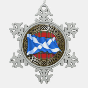 Clan Stewart Tartan Knot & Flag Snowflake Pewter Christmas Ornament
