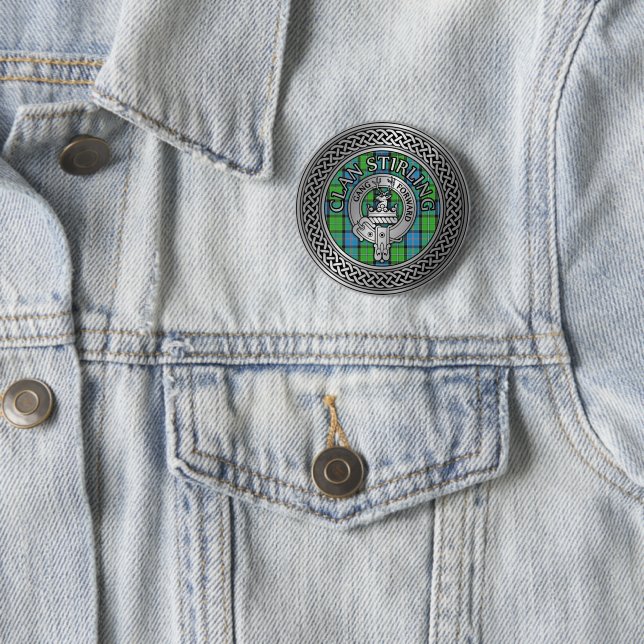 Clan Stirling Crest & Tartan Knot 6 Cm Round Badge (In Situ)