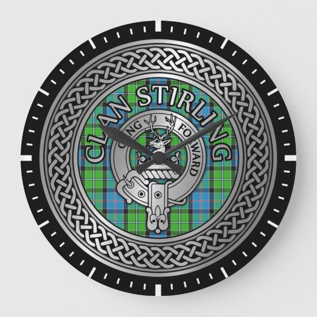 Clan Stirling Crest & Tartan Knot Large Clock (Front)