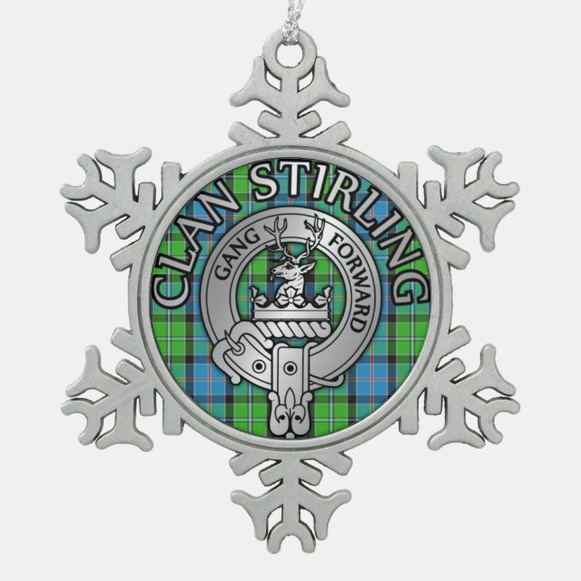 Clan Stirling Crest & Tartan Knot Snowflake Pewter Christmas Ornament (Front)