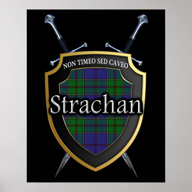 Clan Strachan Tartan Scottish Shield & Swords Poster (Front)