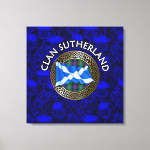 Clan Sutherland Crest & Tartan Knot on Thistle Canvas Print