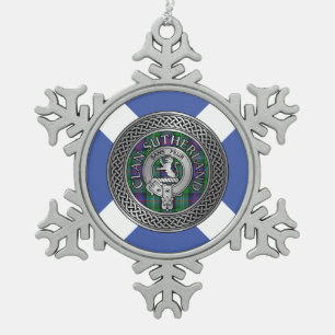 Clan Sutherland Crest & Tartan Knot Snowflake Pewter Christmas Ornament