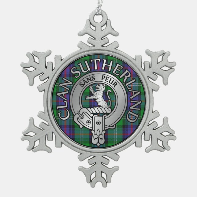 Clan Sutherland Crest & Tartan Snowflake Pewter Christmas Ornament (Front)