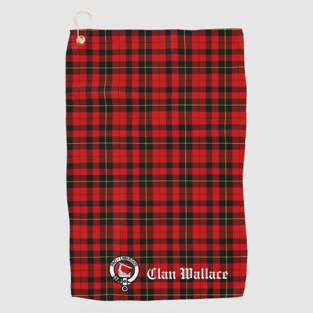 Clan Wallace Crest Badge and Tartan Customisable Golf Towel (Front)