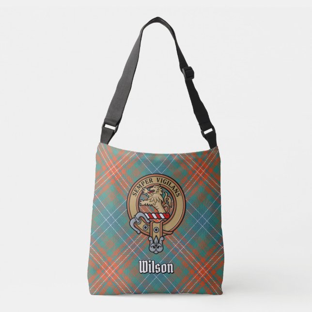 Clan Wilson Crest over Ancient Tartan Crossbody Bag (Front)