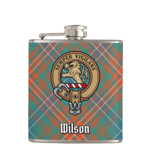 Clan Wilson Crest over Ancient Tartan Hip Flask