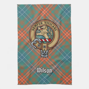 Clan Wilson Crest over Ancient Tartan Tea Towel