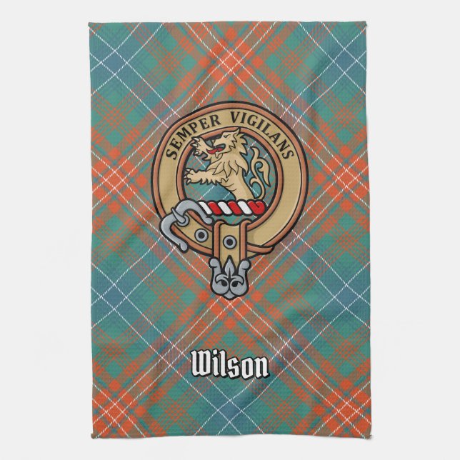 Clan Wilson Crest over Ancient Tartan Tea Towel (Vertical)