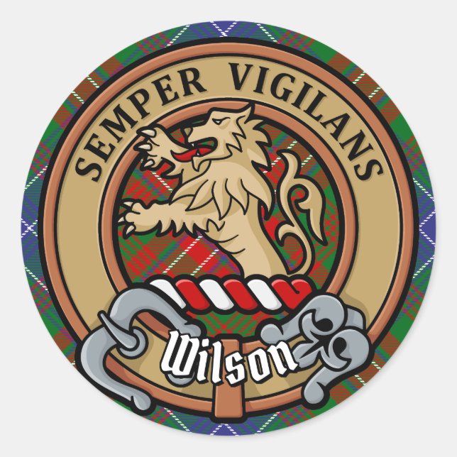 Clan Wilson Crest over Modern Tartan Classic Round Sticker (Front)