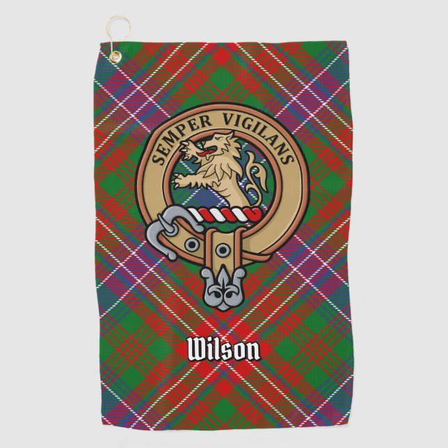 Clan Wilson Crest over Modern Tartan Golf Towel (Front)