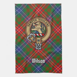 Clan Wilson Crest over Modern Tartan Tea Towel