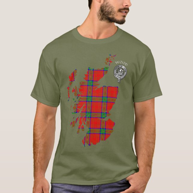Clan Wood Crest & Dress Tartan Map T-Shirt (Front)