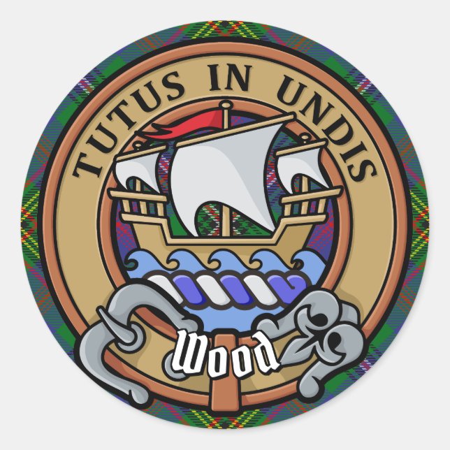 Clan Wood Crest over Tartan Classic Round Sticker (Front)