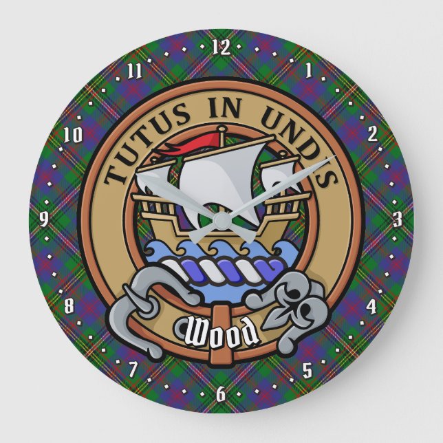 Clan Wood Crest over Tartan Large Clock (Front)