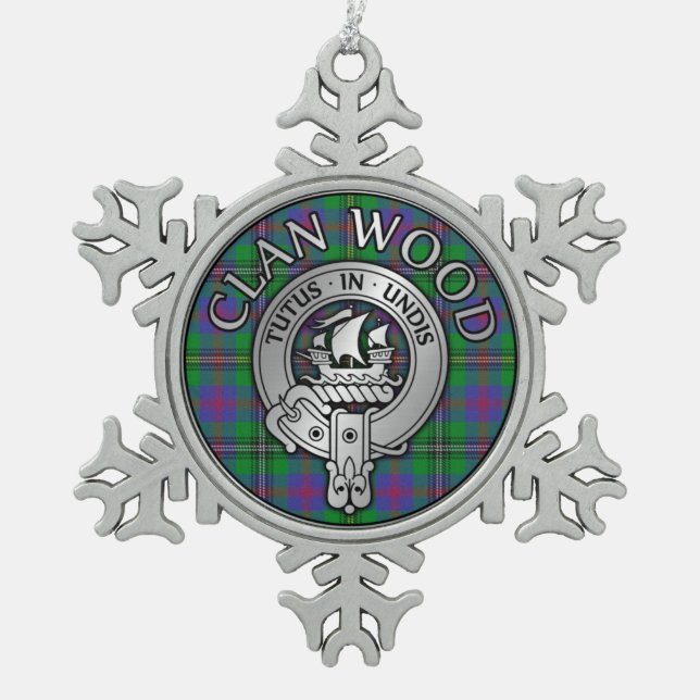 Clan Wood Crest & Tartan Snowflake Pewter Christmas Ornament (Front)