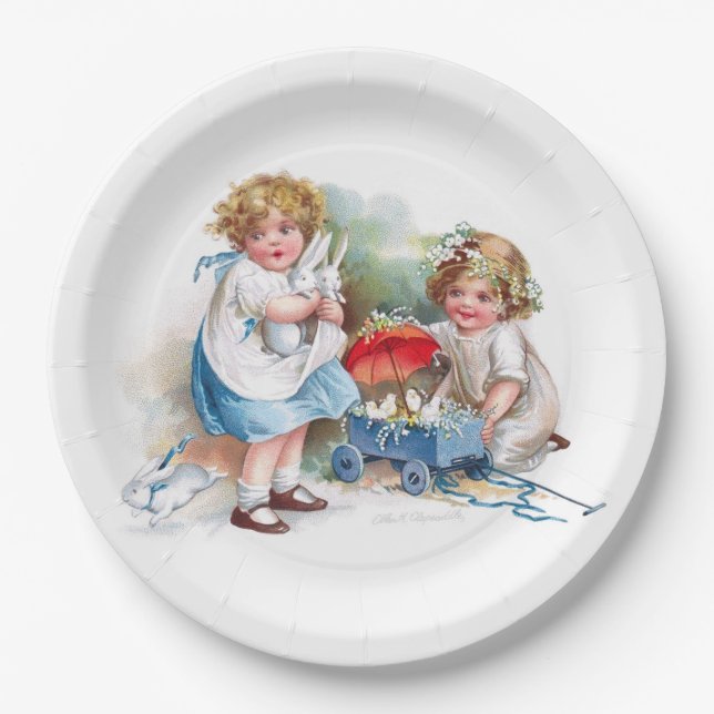 Clapsaddle: Girls Playing with Bunnies Paper Plate (Front)