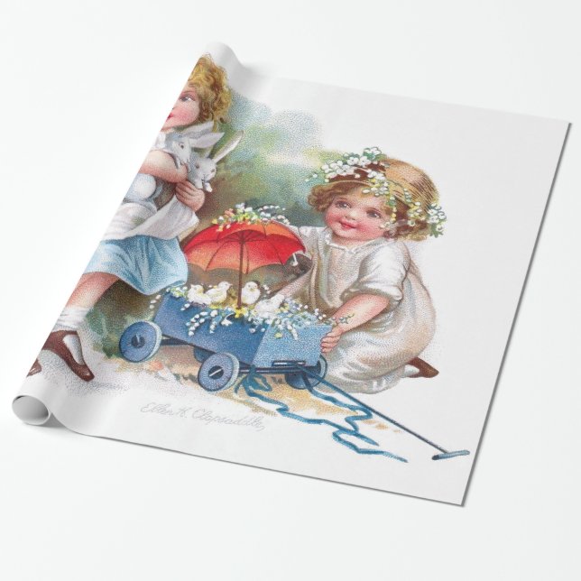Clapsaddle: Girls Playing with Bunnies Wrapping Paper (Unrolled)