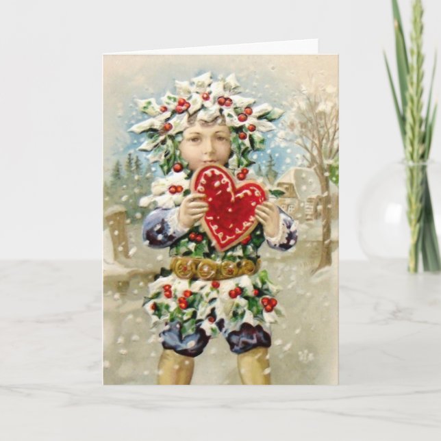 Clapsaddle: Holly Boy with Heart Holiday Card (Front)