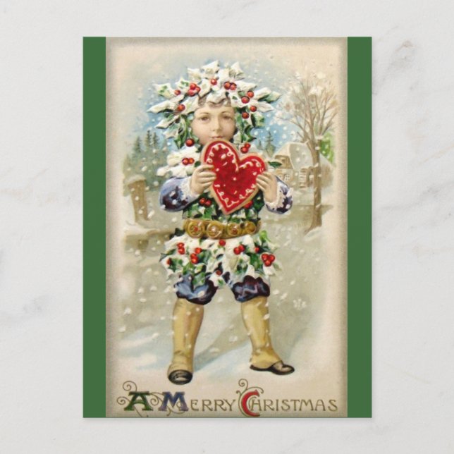 Clapsaddle: Holly Boy with Heart Postcard (Front)