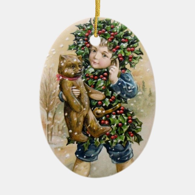 Clapsaddle: Holly Boy with Teddy Ceramic Tree Decoration (Front)