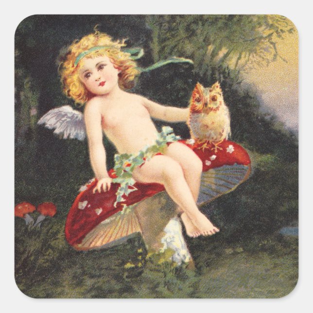 Clapsaddle: Little Cherub on Mushroom Square Sticker (Front)