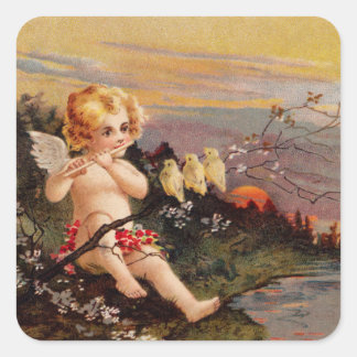 Clapsaddle: Little Cherub with Flute and Birds Square Sticker