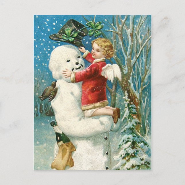 Clapsaddle: Snowman with Angel Girl Postcard (Front)