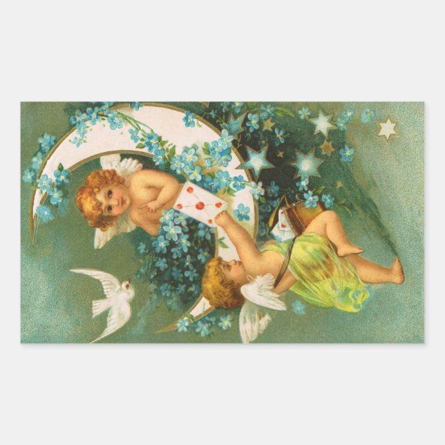 Clapsaddle: Two Cherubs on a Sickle Moon Rectangular Sticker (Front)