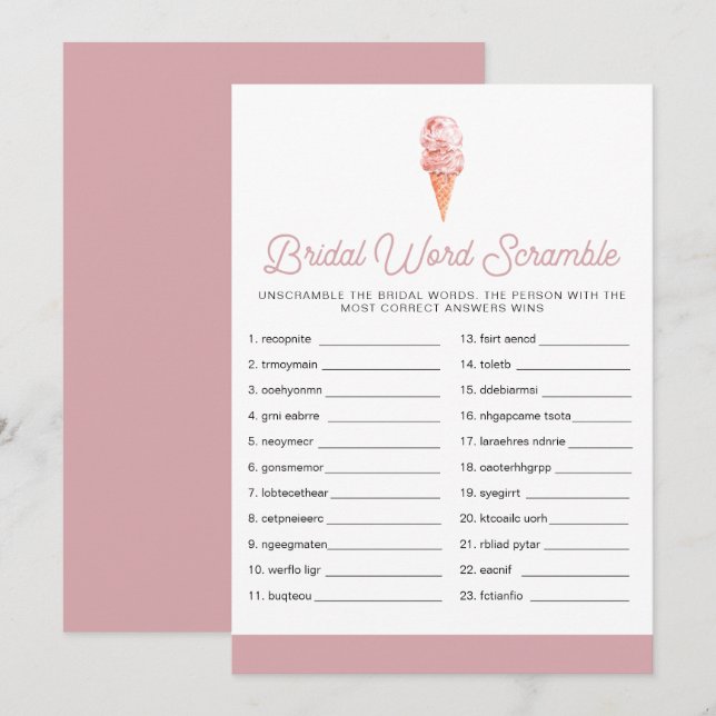 CLARA Retro Ice Cream Bridal Shower Word Scramble  Invitation (Front/Back)