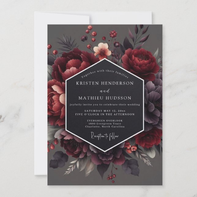 Claret Chiaroscuro Bloom Wedding Invitation (Front)