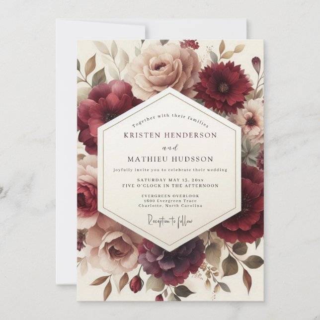 Claret Romantic Bloom Wedding Invitation (Front)