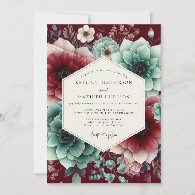 Claret Teal Moody Bloom Wedding Invitation (Front)