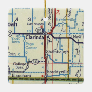 Clarinda IA Vintage Map Ceramic Ornament