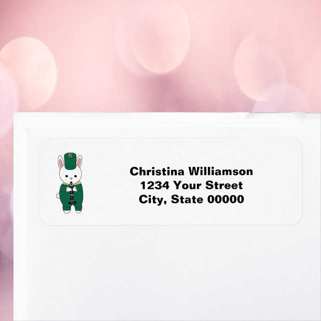 Clarinet Band Rabbit Green Return Address Label (A return address label with a bunny playing the clarinet wearing green & gold.)