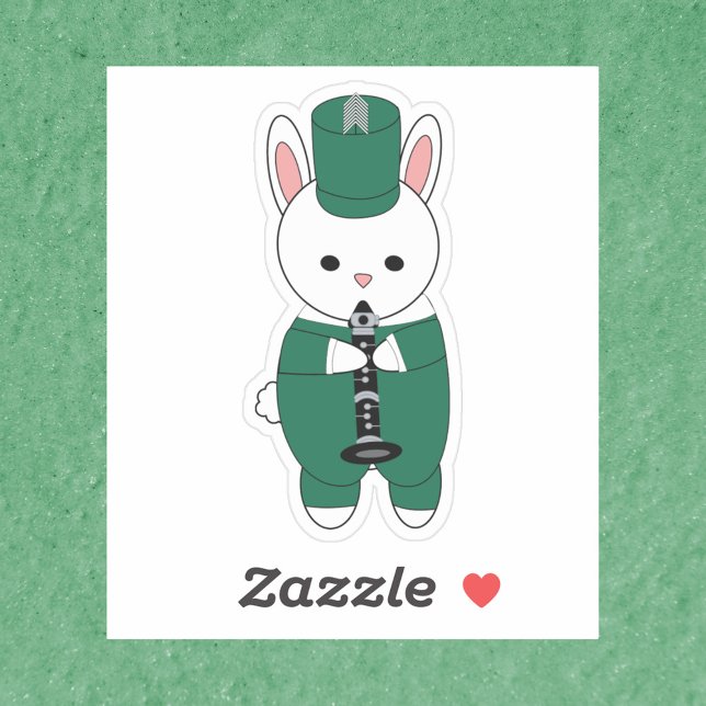 Clarinet Bunny Rabbit Marching Band Green White (A sticker of a rabbit playing the clarinet in a green and white marching band uniform.)