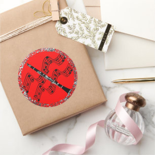 Clarinet, colourful red background,  classic round sticker